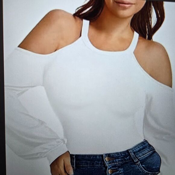 NWOT - HERLOLLYCHIPS Women's White Cold Shoulder Long Sleeve Tunic Size S - Picture 1 of 8